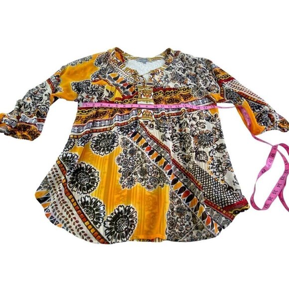 FIG & FLOWER Anthropologie Pullover V Neck Blouse Multicolor Orange L 81-14 - Picture 10 of 14